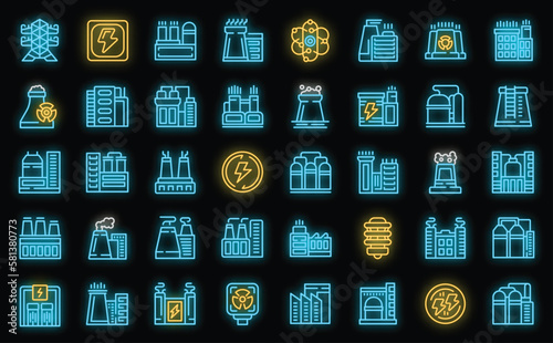 Nuclear power station icons set outline vector. Power energy. Nuclear atom neon color on black isolated