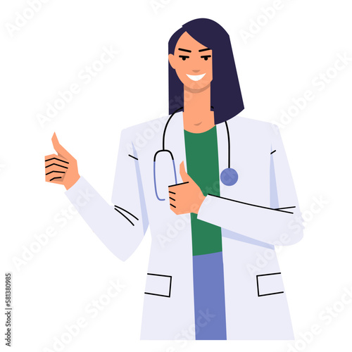 Female doctor shows thumbs up with both hands. The woman approves. The gesture is cool. Medical worker with stethoscope and in white coat. Smiling character isolated. Flat vector.