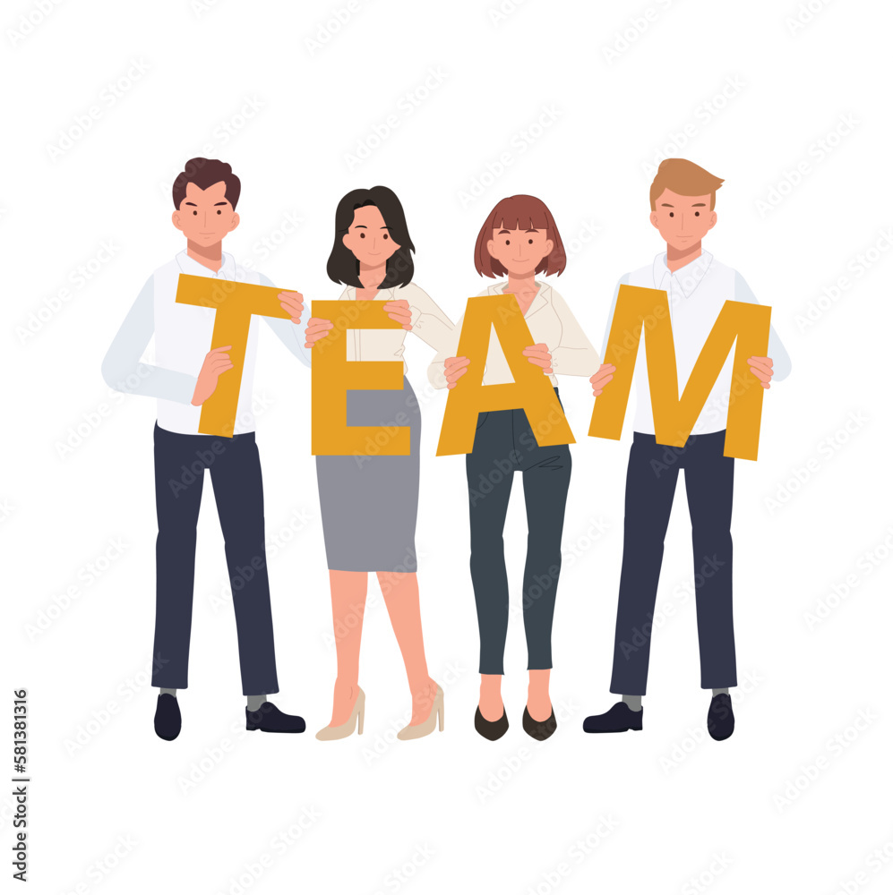 Fototapeta premium Business Teamwork concept. Successful team holding word 'TEAM' . diverse people. Business team Flat vector cartoon illustration