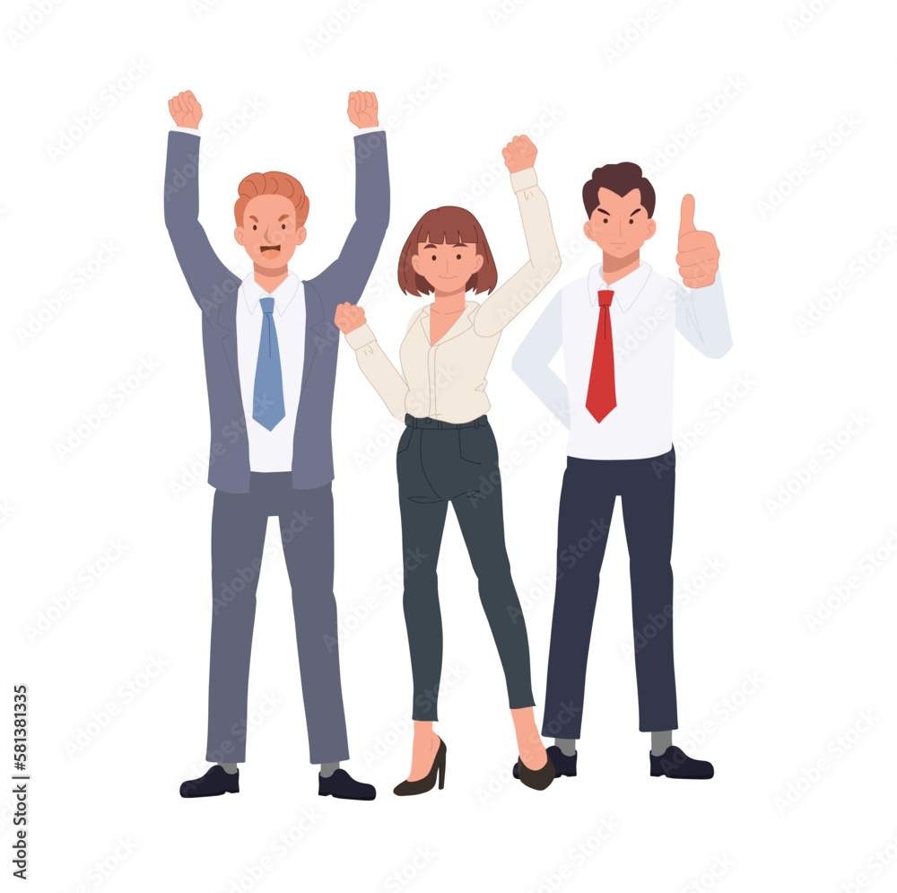 Obraz premium Business Teamwork concept. Successful team of three people. diverse people. Business team Flat vector cartoon illustration