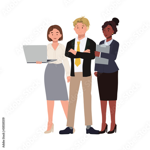 Business Team concept. 3 of diverse people. Business team Flat vector cartoon illustration