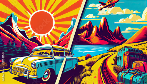travel concept, colorful retro style graphics, ad, journey, car under palms