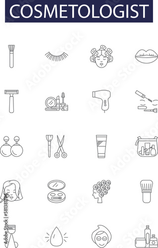 Cosmetologist line vector icons and signs. Hairdresser, Barber, Stylist, Aesthetician, Makeup, Manicure, Facial, Waxing outline vector illustration set