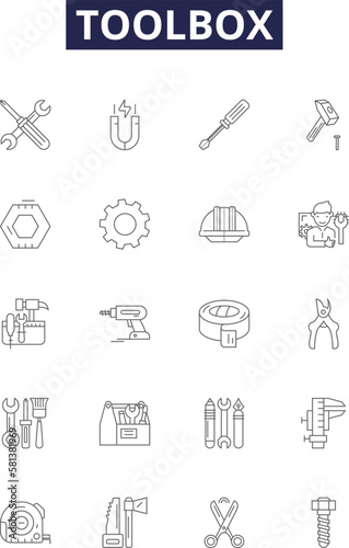 Toolbox line vector icons and signs. Chest, Kit, Box, Garage, Workbench, Wrench, Sockets, Screwdrivers outline vector illustration set