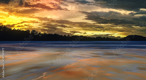 川と海の水面 細かい雲の黄昏時、夕焼けの空と反射して写る海の波と水平線の背景