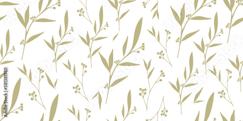 Seamless botanical pattern of wild flowers and greenery leaves.