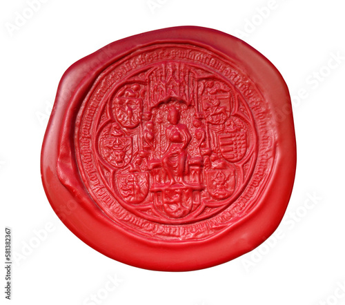 Wax royal seal from fourteen century. Isolated with path on white background.