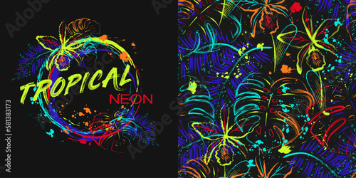 Set of seamless pattern, circle label with orchids, tropical foliage, paint brush strokes, spattered paint of neon bright colors. Virtual surreal nature Grunge style for sports goods, prints, t shirt