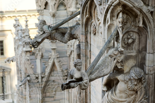Details of Milan Cathedral roof on the Cathedral Square or Piazza del Duomo in the center of Milan, Lombardy, Italy.