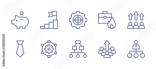 Business line icon set. Editable stroke. Vector illustration. Containing pig  goal  target  work  performance  tie  gear  project management  improvement  hierarchy.