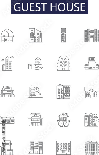 Guest house line vector icons and signs. bed-and-breakfast, inn, lodge, hostel, accommodation, cottage, villa, chalet outline vector illustration set