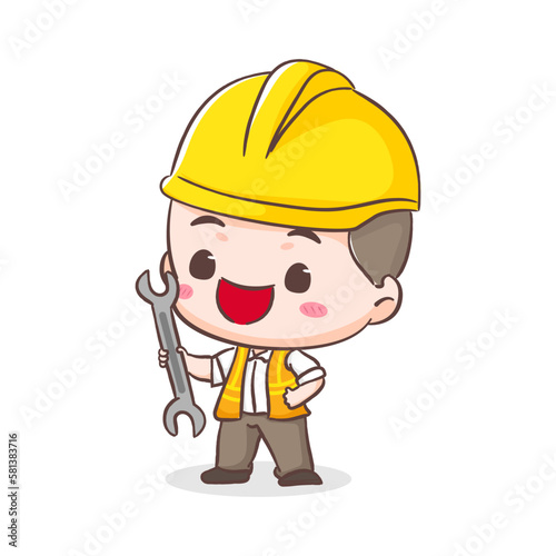 Cute Contractor or architecture Cartoon Character Holding wrench. People Building Icon Concept design. Isolated Flat Cartoon Style. Vector art illustration