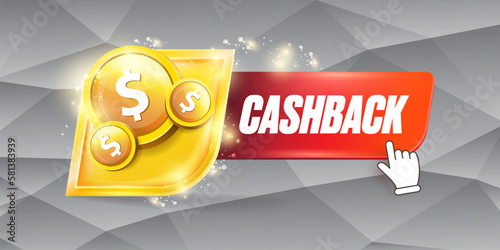vector money cash back horizontal banner design template with cash back icon and coins isolated on modern grey background. cashback bonus or money refund label horizontal banner