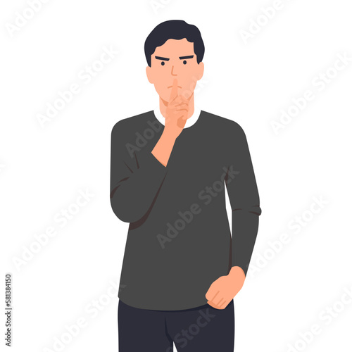 Man pointing to lips asking for silence. man with silent gesture. Finger on lips