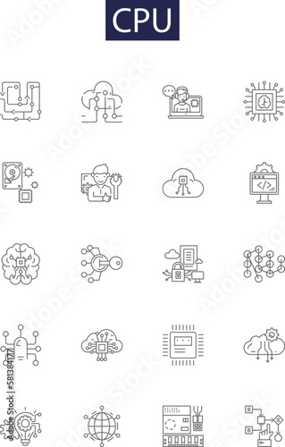 Cpu line vector icons and signs. CPU, Core, Central, Unit, Control, Clock, Computation, Chip outline vector illustration set