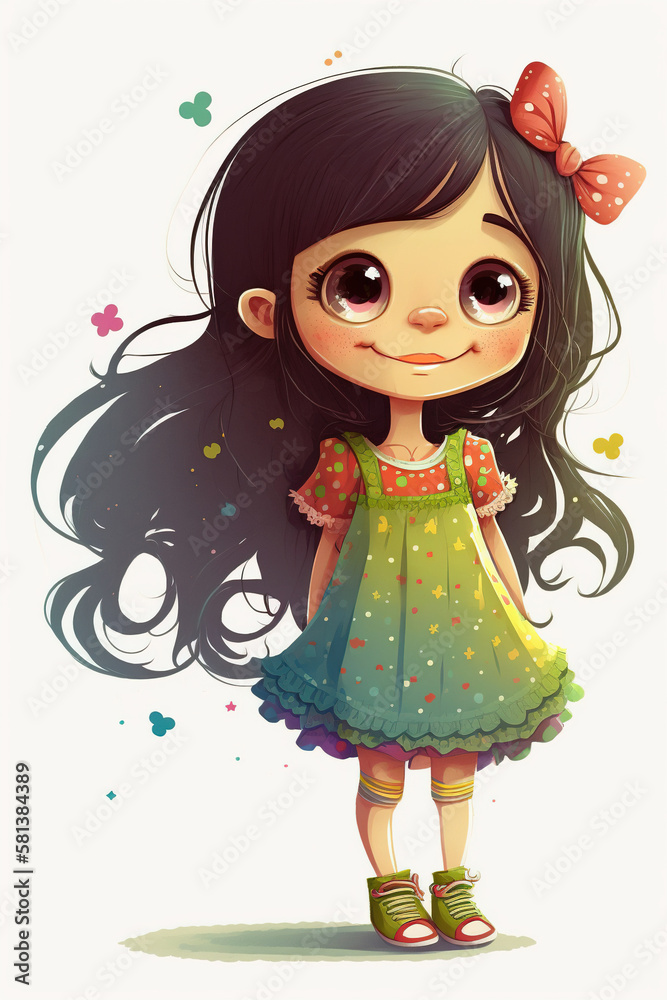 Cheerful Cartoon Girl with Black Hair and Sweet Smile Wearing a Cute Dress generative ai Cheerful Cartoon Girl with Black Hair and Sweet Smile Wearing a Cute Dress generative ai