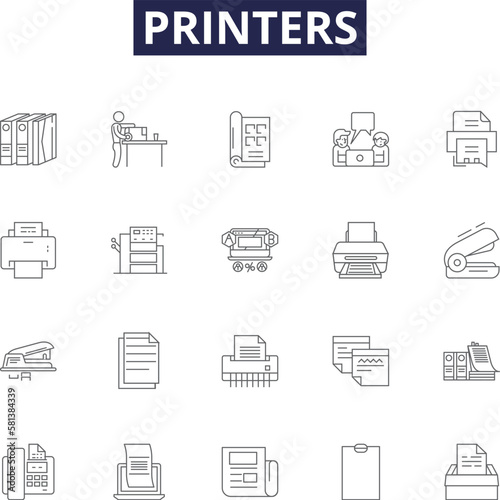 Printers line vector icons and signs. Printing, Ink, Laser, Toner, Canon, Epson, HP, Network outline vector illustration set