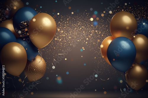 Realistic Festive background with golden and blue balloons falling confetti blurry background and a bokeh lights, copy space, Generative IA