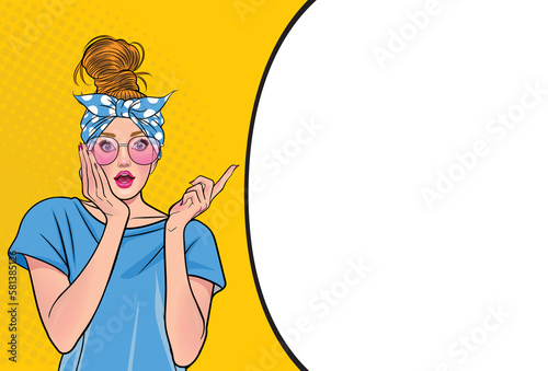 Beautiful woman with surprised glasses and finger pointing, advertising poster or speech bubble with sexy club girl opening her mouth in cartoon style. Facial expression. illustration