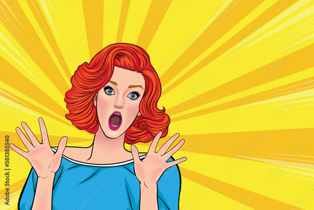 Surprised redhead woman with gaping mouth advertising poster or party invitation with sexy wow woman in cartoon style. Vintage Surprised redhead woman with gaping mouth advertising poster or party invitation with sexy wow woman in cartoon style. Vintage