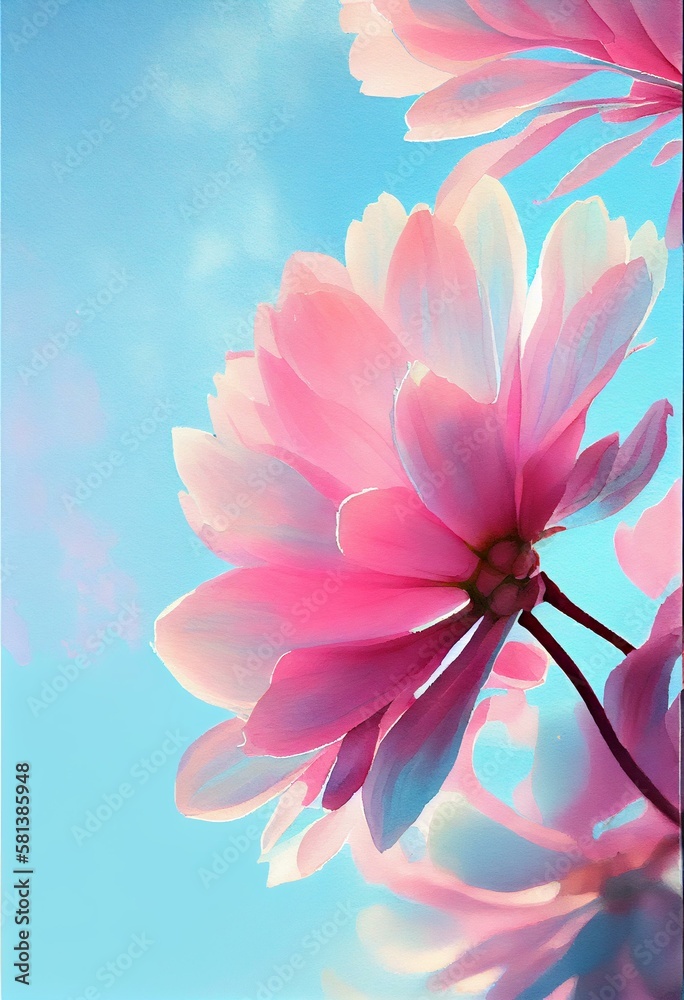 Obraz premium pink flower petals on the blue sky, watercolor style Generative AI