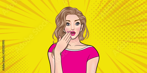 Sexy woman gaping mouth advertising poster or party invitation with club girl with wow face in cartoon style illustration.