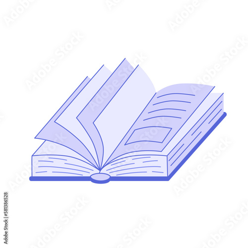 Blue covered opened book with pages fluttering. Hand drown vector element isolated on white background.