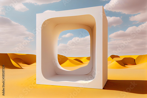 Surreal desert landscape with white clouds going into the yellow square portals on sunny day