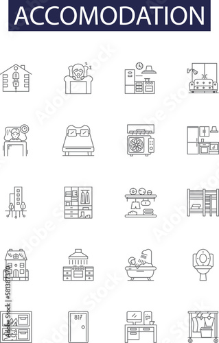 Accomodation line vector icons and signs. room, hotel, accommodation, vacation, holiday, bed, tourism,bedroom outline vector illustration set