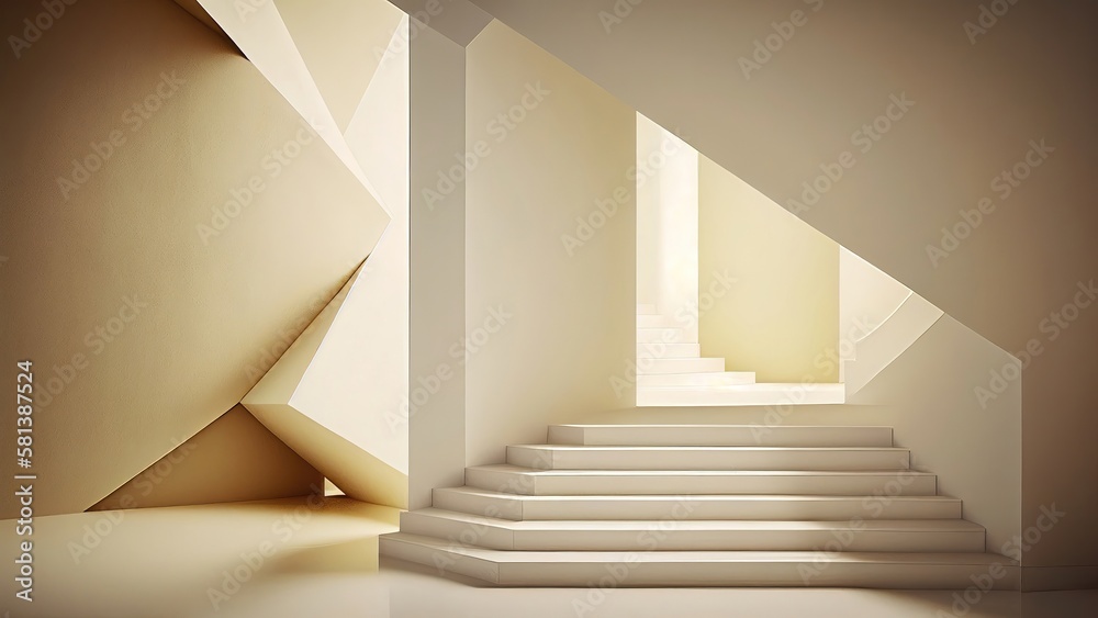 Obraz premium Abstract minimalistic neutral color space with staircase, photorealistic illustration, Generative AI