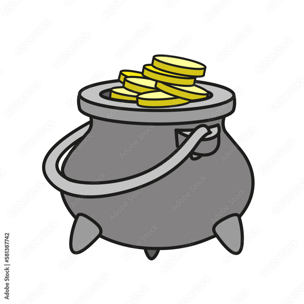 Cauldron with gold coins color variation for coloring page on white ...