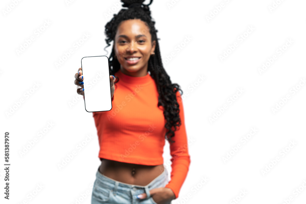 Great Mobile Offer. Excited Lady Pointing Finger At Smartphone In Her Hand, Emotionally Reacting To New App, Overjoyed Millennial Woman Standing Isolated Over Transparent Studio Background Great Mobile Offer. Excited Lady Pointing Finger At Smartphone In Her Hand, Emotionally Reacting To New App, Overjoyed Millennial Woman Standing Isolated Over Transparent Studio Background