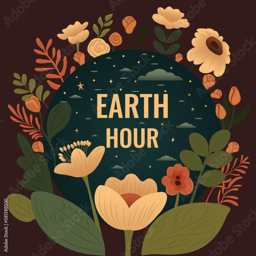 The concept of the World Earth Hour. Illustration with planet, continents, different plants, flowers, vector  