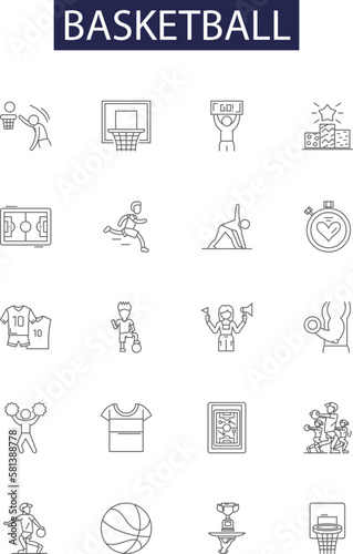 Basketball line vector icons and signs. Court, Shooting, Layup, Dunk, Run, Pass, Rebound, Jump outline vector illustration set photo