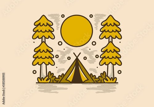 Camping tent between two big pine trees illustration