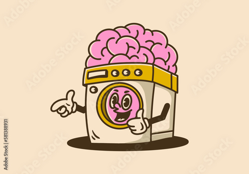 Washing machine with big brain mascot character design in vintage color