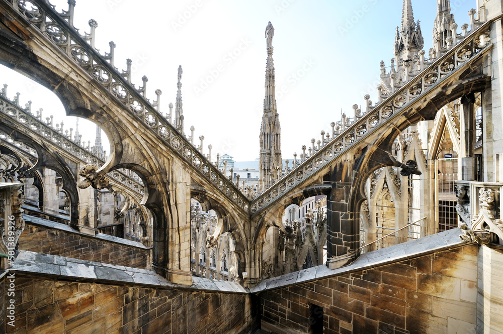 Details of Milan Cathedral roof on the Cathedral Square or Piazza del Duomo in the center of Milan, Lombardy, Italy.