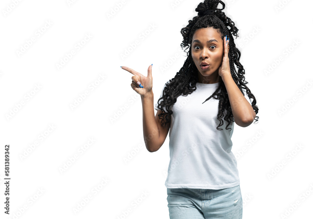 Excited young woman pointing fingers at copy space, surprised female with open mouth looking at camera, satisfied client customer showing offer, isolated on transparent background Excited young woman pointing fingers at copy space, surprised female with open mouth looking at camera, satisfied client customer showing offer, isolated on transparent background