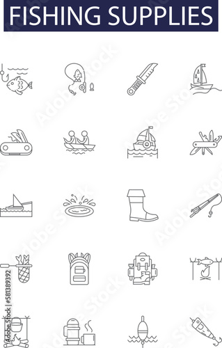 Fishing supplies line vector icons and signs. Reels, Lures, Hooks, Baits, Lines, Floats, Pliers, Nets outline vector illustration set