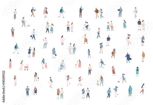 Crowd. City tiny people silhouette background characters. Male and female vector set isolated on white background.