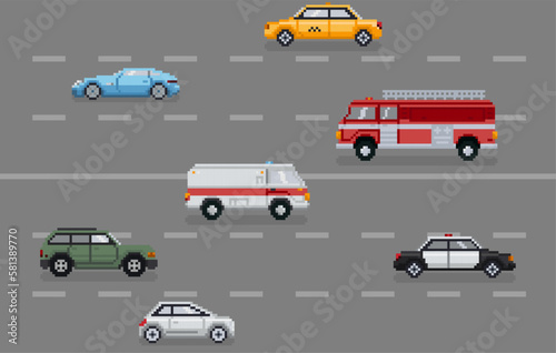 Pixel art different cars on the road.