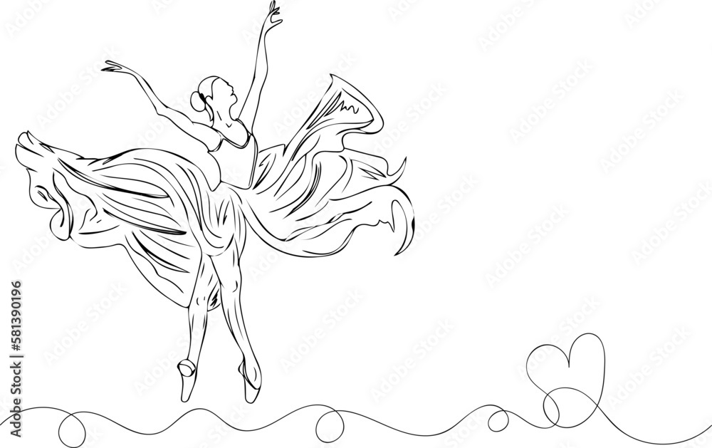 Sketch drawing ballerina dance performance, Outline vector illustration of beautiful ballet dancer