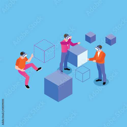 A young man with goggle floating among 3d cubes isometric vector illustration concept for banner, website, landing page, ads, flyer template