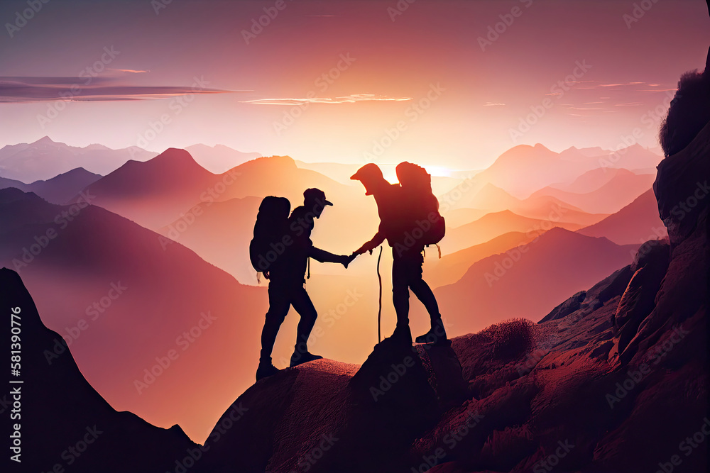 Team work, life goals and self improvement concept. Man helping his female climbing partner up a steep edge of a mountain