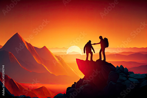 Team work, life goals and self improvement concept. Man helping his female climbing partner up a steep edge of a mountain