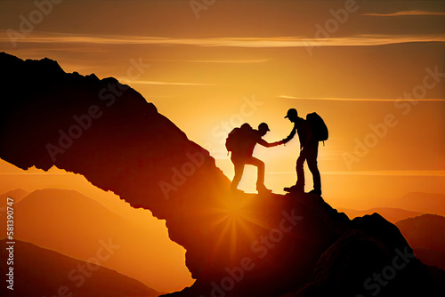 Team work  life goals and self improvement concept. Man helping his female climbing partner up a steep edge of a mountain