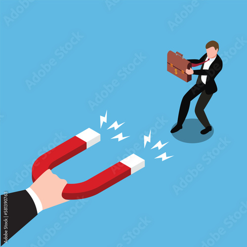 Tax businessman hand holding magnets to attract briefcase 3d isometric vector illustration concept for banner, website, landing page, ads, flyer template