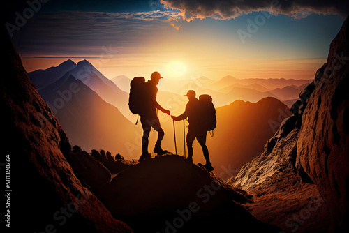 Team work  life goals and self improvement concept. Man helping his female climbing partner up a steep edge of a mountain