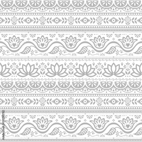 Pakistani truck art vector seamless pattern, Indian truck floral design with flowers, leaves and abstract shapes in gray on white