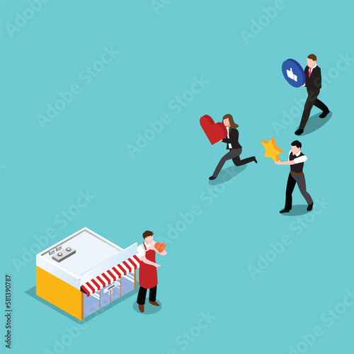 Customers respond to shop marketing campaign 3d isometric vector illustration concept for banner, website, landing page, ads, flyer template